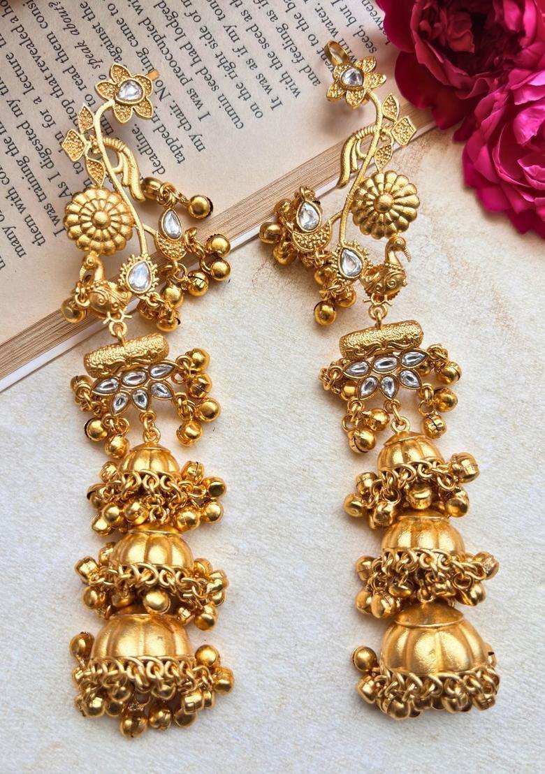 Gold-Plated White Stone Studded Dome Shaped Jhumka Earrings for Women | Traditional Ethnic Jewellery for Wedding & Festive Wear | Gift for Her - Indya