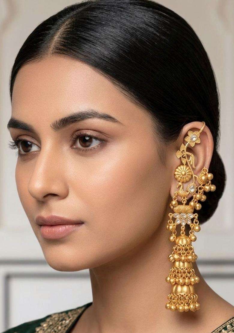Gold-Plated White Stone Studded Dome Shaped Jhumka Earrings for Women | Traditional Ethnic Jewellery for Wedding & Festive Wear | Gift for Her - Indya
