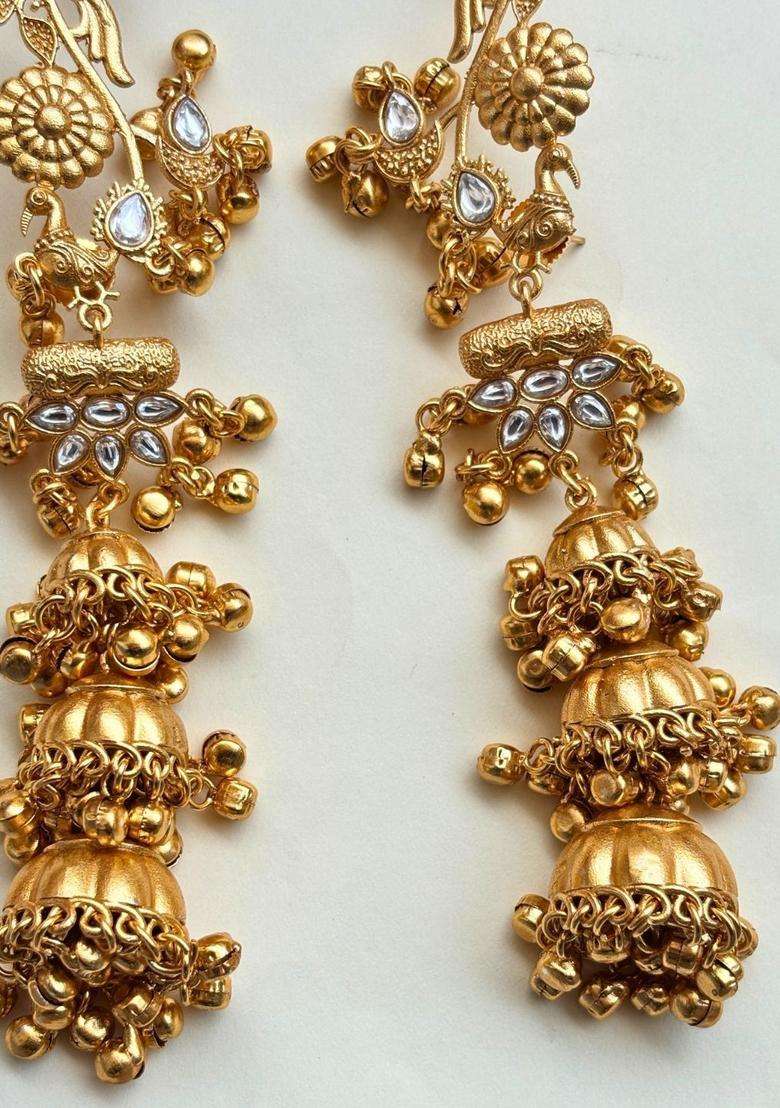 Gold-Plated White Stone Studded Dome Shaped Jhumka Earrings for Women | Traditional Ethnic Jewellery for Wedding & Festive Wear | Gift for Her - Indya