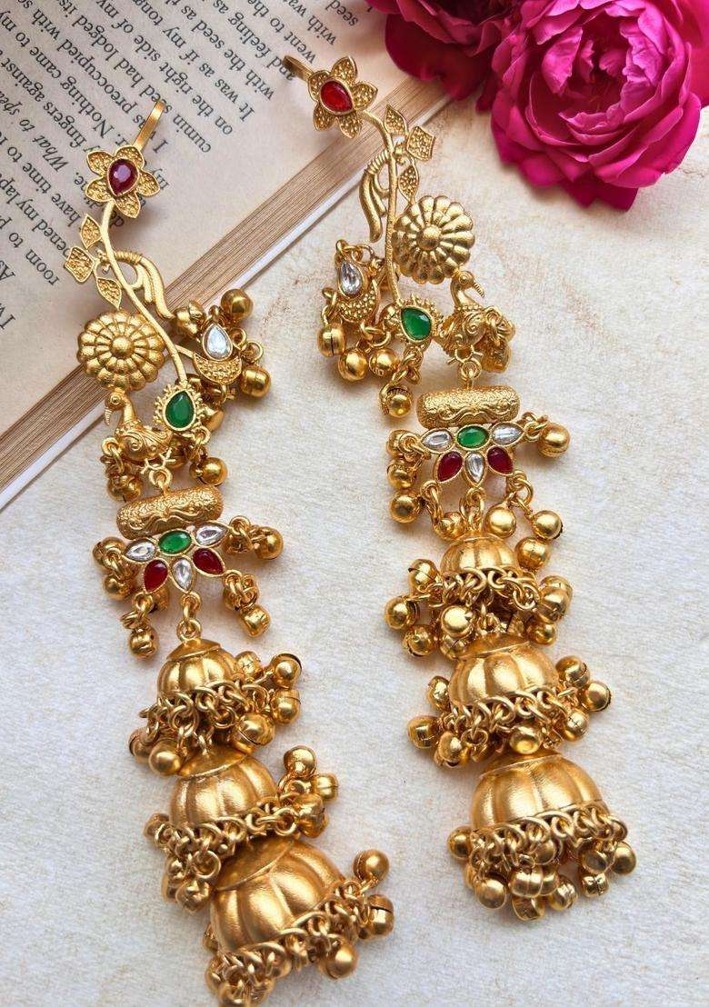 Gold-Plated Green and Red Stone Studded Dome Shaped Jhumka Earrings for Women | Traditional Ethnic Jewellery for Wedding & Festive Wear | Gift for Her - Indya