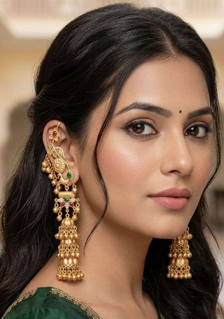 Gold-Plated Green and Red Stone Studded Dome Shaped Jhumka Earrings for Women | Traditional Ethnic Jewellery for Wedding & Festive Wear | Gift for Her - Indya