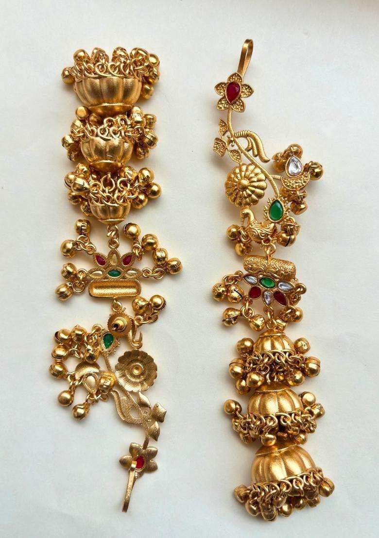 Gold-Plated Green and Red Stone Studded Dome Shaped Jhumka Earrings for Women | Traditional Ethnic Jewellery for Wedding & Festive Wear | Gift for Her - Indya