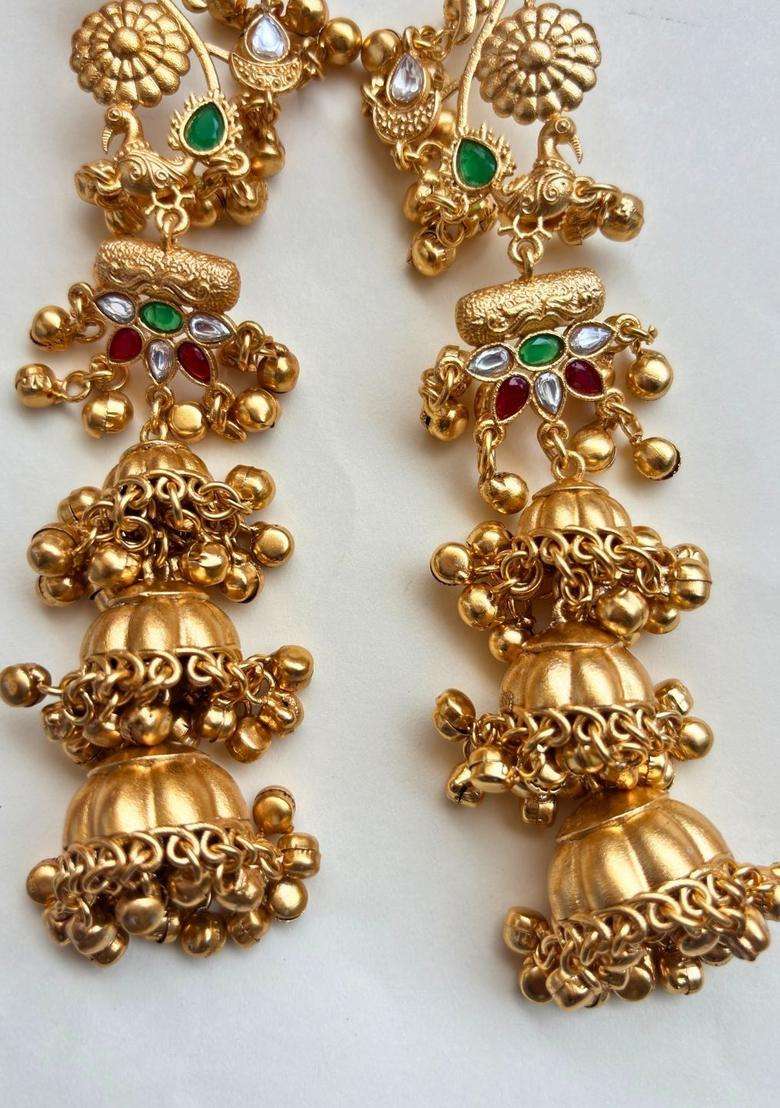 Gold-Plated Green and Red Stone Studded Dome Shaped Jhumka Earrings for Women | Traditional Ethnic Jewellery for Wedding & Festive Wear | Gift for Her - Indya