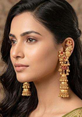 Gold-Plated Red Stone Studded Dome Shaped Jhumka Earrings for Women | Traditional Ethnic Jewellery for Wedding & Festive Wear | Gift for Her