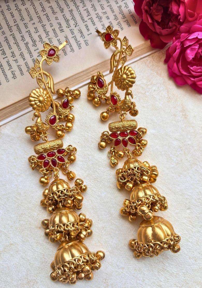 Gold-Plated Red Stone Studded Dome Shaped Jhumka Earrings for Women | Traditional Ethnic Jewellery for Wedding & Festive Wear | Gift for Her - Indya