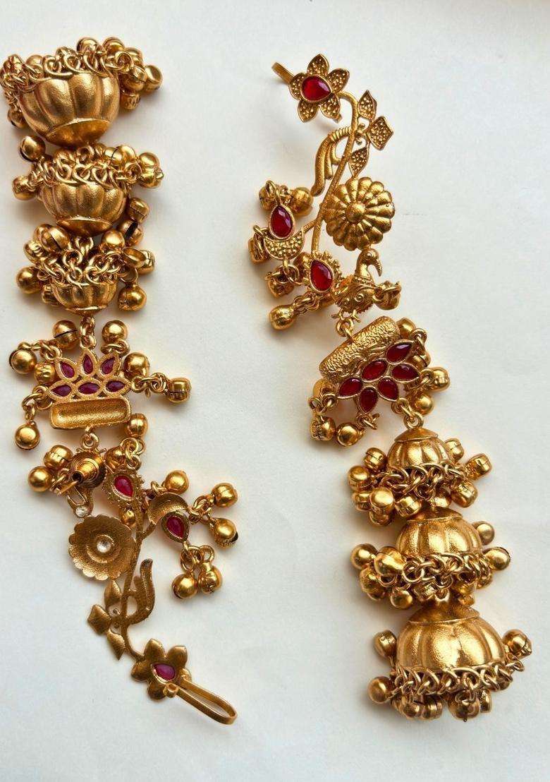 Gold-Plated Red Stone Studded Dome Shaped Jhumka Earrings for Women | Traditional Ethnic Jewellery for Wedding & Festive Wear | Gift for Her - Indya