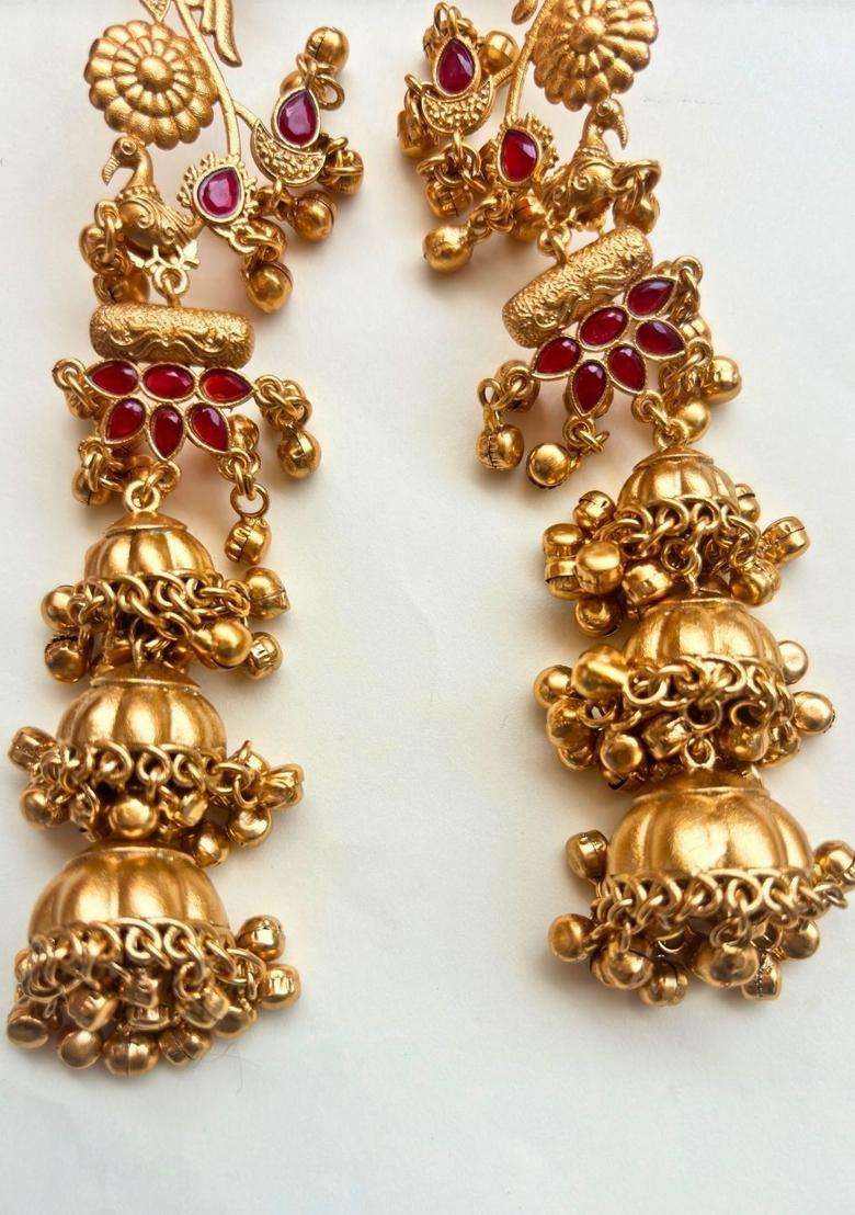 Gold-Plated Red Stone Studded Dome Shaped Jhumka Earrings for Women | Traditional Ethnic Jewellery for Wedding & Festive Wear | Gift for Her - Indya