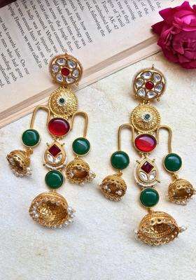 Gold-Plated Red & Green Stone Kundan Jhumka Earrings for Women | Traditional Ethnic Jewellery for Wedding & Festive Wear | Gift for Her