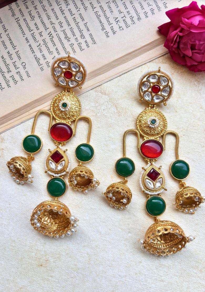 Gold-Plated Red & Green Stone Kundan Jhumka Earrings for Women | Traditional Ethnic Jewellery for Wedding & Festive Wear | Gift for Her - Indya