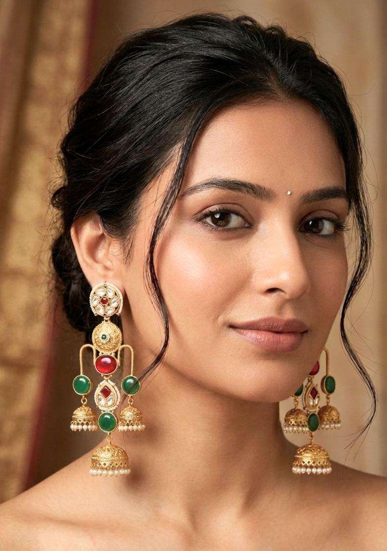 Gold-Plated Red & Green Stone Kundan Jhumka Earrings for Women | Traditional Ethnic Jewellery for Wedding & Festive Wear | Gift for Her - Indya