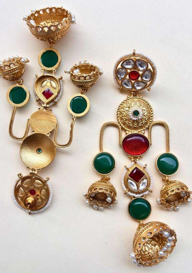 Gold-Plated Red & Green Stone Kundan Jhumka Earrings for Women | Traditional Ethnic Jewellery for Wedding & Festive Wear | Gift for Her - Indya