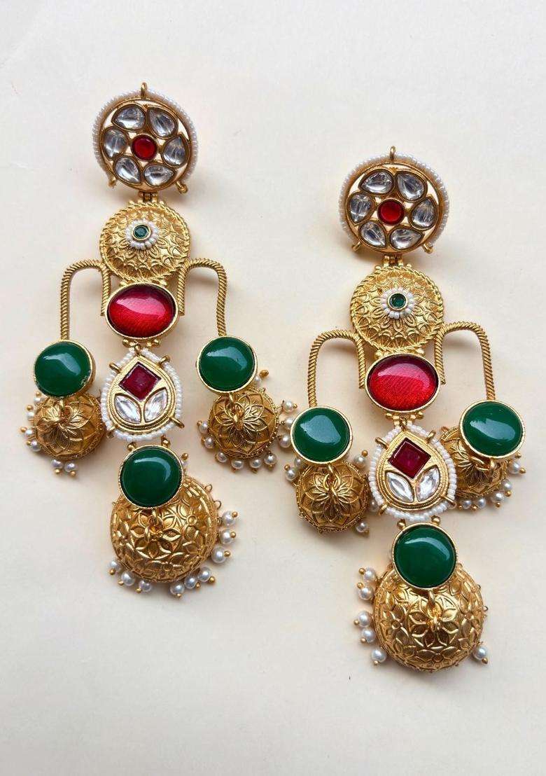 Gold-Plated Red & Green Stone Kundan Jhumka Earrings for Women | Traditional Ethnic Jewellery for Wedding & Festive Wear | Gift for Her - Indya