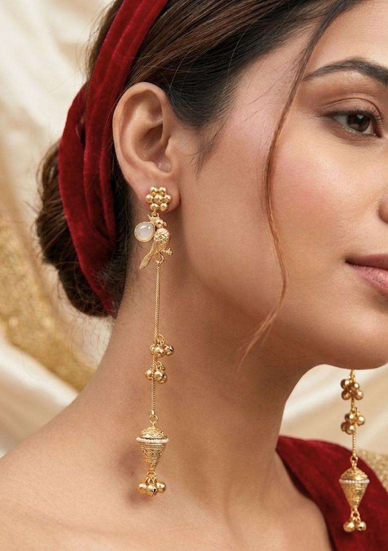 Gold-Plated Contemporary Long Drop Kashmiri Earrings for Women | Traditional Ethnic Jewellery for Wedding & Festive Wear | Gift for Her - Indya