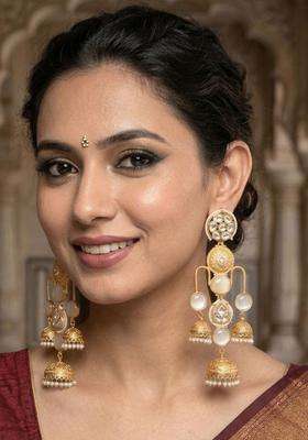 Gold-Plated White Kundan Studded Dome Shaped Jhumka Earrings for Women | Traditional Ethnic Jewellery for Wedding & Festive Wear | Gift for Her