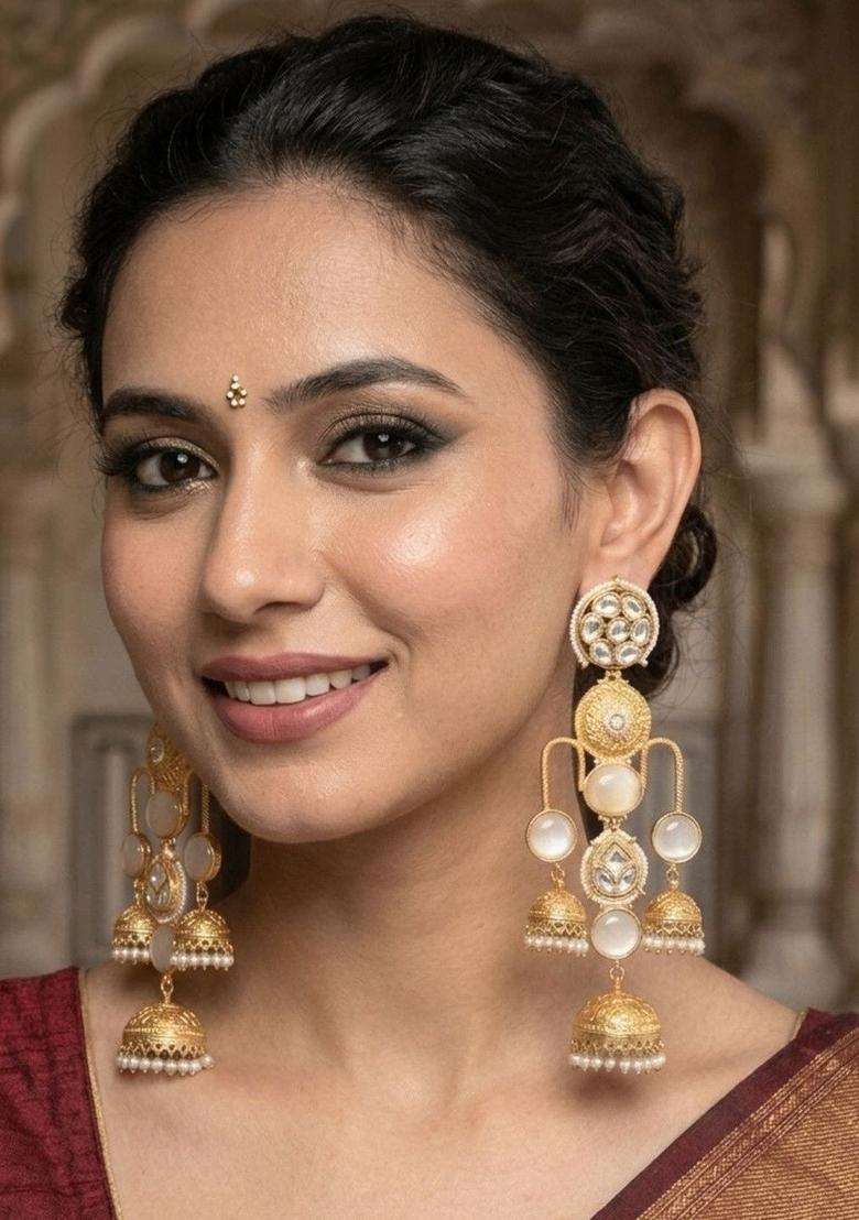 Gold-Plated White Kundan Studded Dome Shaped Jhumka Earrings for Women | Traditional Ethnic Jewellery for Wedding & Festive Wear | Gift for Her - Indya