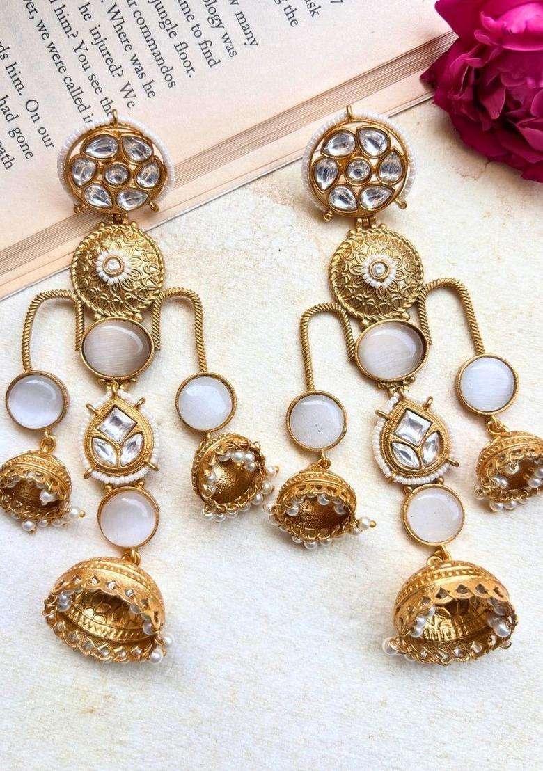 Gold-Plated White Kundan Studded Dome Shaped Jhumka Earrings for Women | Traditional Ethnic Jewellery for Wedding & Festive Wear | Gift for Her - Indya