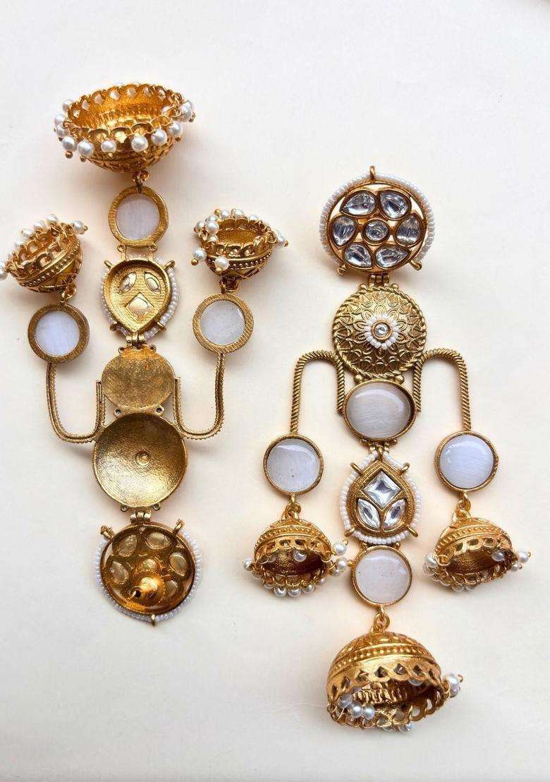 Gold-Plated White Kundan Studded Dome Shaped Jhumka Earrings for Women | Traditional Ethnic Jewellery for Wedding & Festive Wear | Gift for Her - Indya