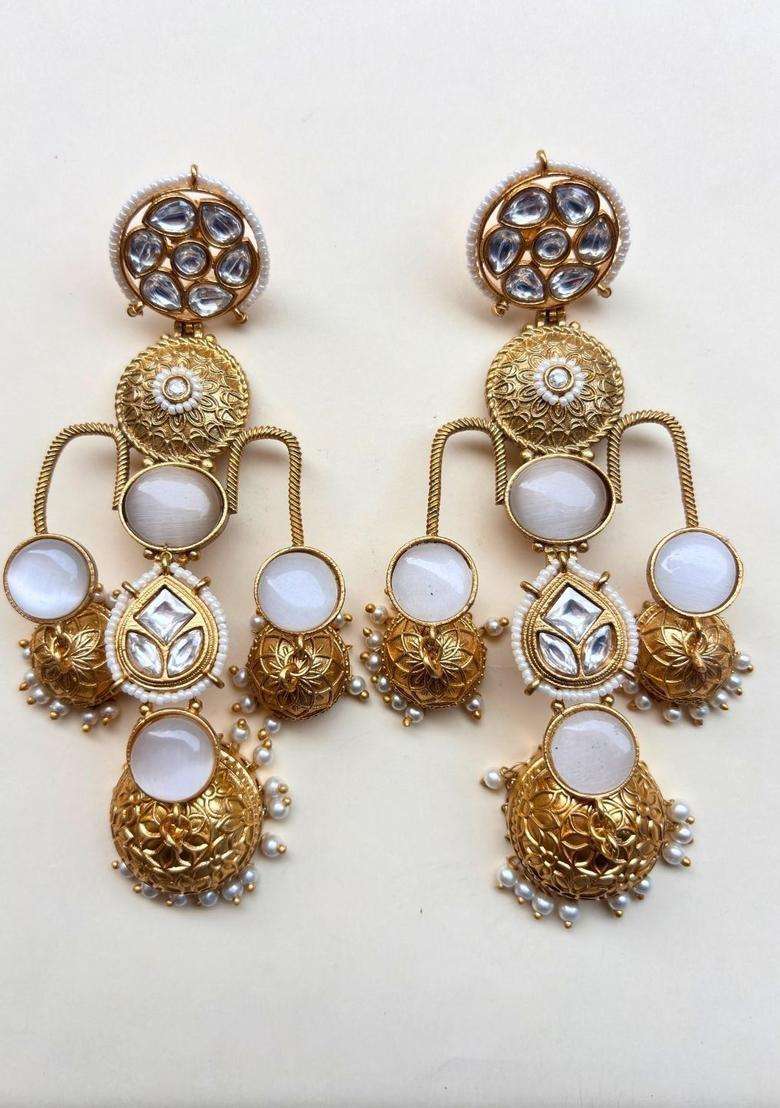 Gold-Plated White Kundan Studded Dome Shaped Jhumka Earrings for Women | Traditional Ethnic Jewellery for Wedding & Festive Wear | Gift for Her - Indya