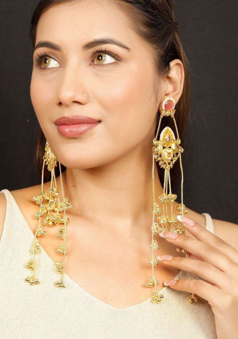 Gold-Plated Pink Kundan Long Drop Kashmiri Earrings with Ghungroo for Women | Traditional Ethnic Jewellery for Wedding & Festive Wear | Gift for Her - Indya