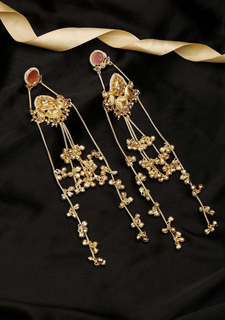 Gold-Plated Pink Kundan Long Drop Kashmiri Earrings with Ghungroo for Women | Traditional Ethnic Jewellery for Wedding & Festive Wear | Gift for Her - Indya