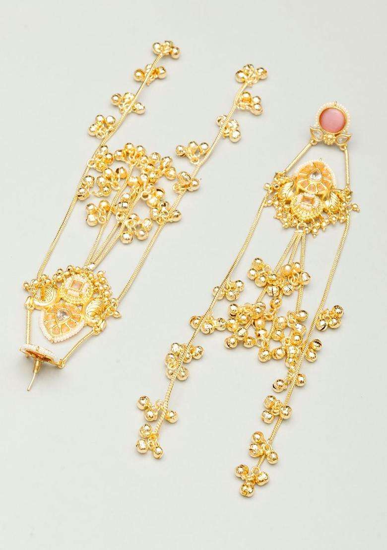 Gold-Plated Pink Kundan Long Drop Kashmiri Earrings with Ghungroo for Women | Traditional Ethnic Jewellery for Wedding & Festive Wear | Gift for Her - Indya