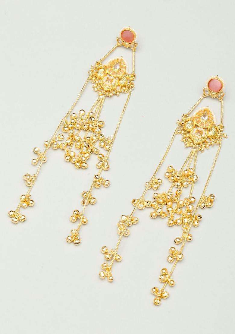 Gold-Plated Pink Kundan Long Drop Kashmiri Earrings with Ghungroo for Women | Traditional Ethnic Jewellery for Wedding & Festive Wear | Gift for Her - Indya
