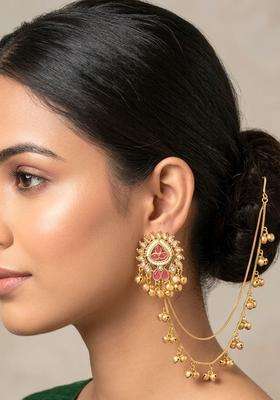Gold-Plated Magenta Kundan & Zirconia Kan Chain Jhumka Drop Earrings for Women | Traditional Ethnic Jewellery for Wedding & Festive Wear | Gift for Her