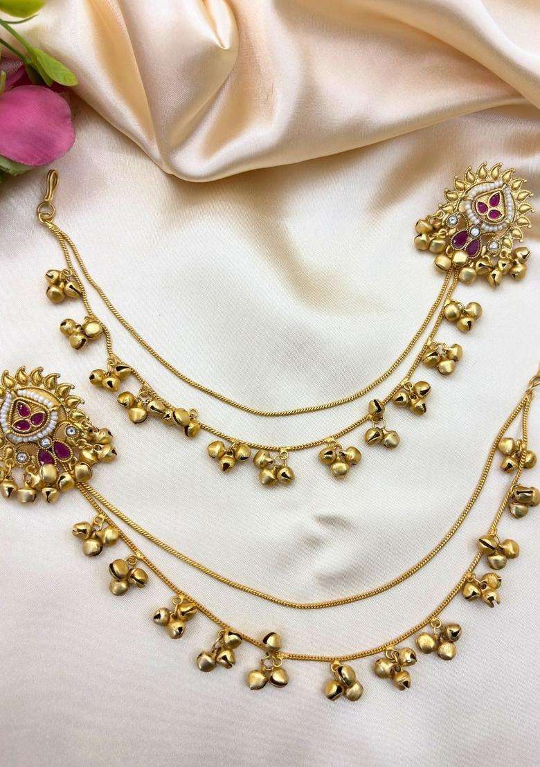 Gold-Plated Magenta Kundan & Zirconia Kan Chain Jhumka Drop Earrings for Women | Traditional Ethnic Jewellery for Wedding & Festive Wear | Gift for Her - Indya