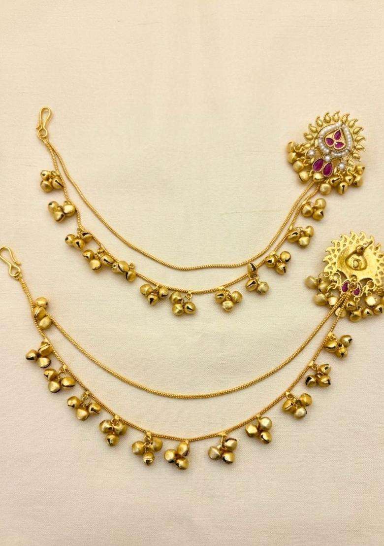 Gold-Plated Magenta Kundan & Zirconia Kan Chain Jhumka Drop Earrings for Women | Traditional Ethnic Jewellery for Wedding & Festive Wear | Gift for Her - Indya