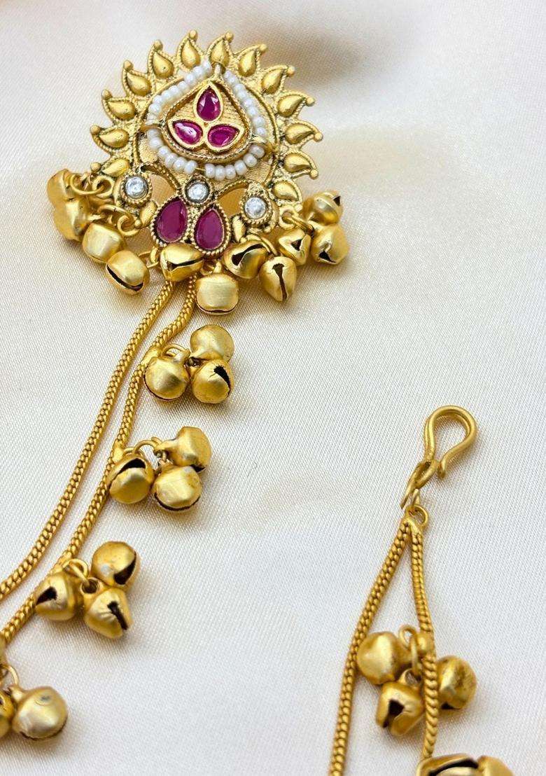 Gold-Plated Magenta Kundan & Zirconia Kan Chain Jhumka Drop Earrings for Women | Traditional Ethnic Jewellery for Wedding & Festive Wear | Gift for Her - Indya