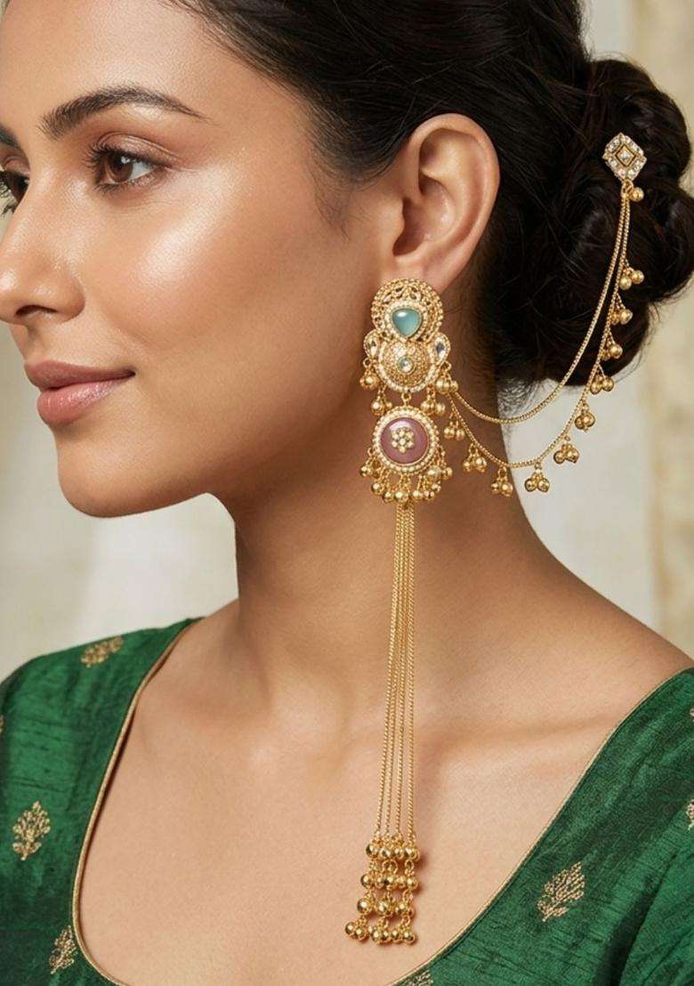 Premium Gold-Plated Peacock Shaped Kundan Stone Studded Kashmiri Ear Chain Drop Earrings for Women | Traditional Ethnic Jewellery for Wedding & Festive Wear | Gift for Her - Indya