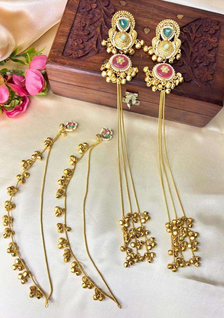 Premium Gold-Plated Peacock Shaped Kundan Stone Studded Kashmiri Ear Chain Drop Earrings for Women | Traditional Ethnic Jewellery for Wedding & Festive Wear | Gift for Her - Indya