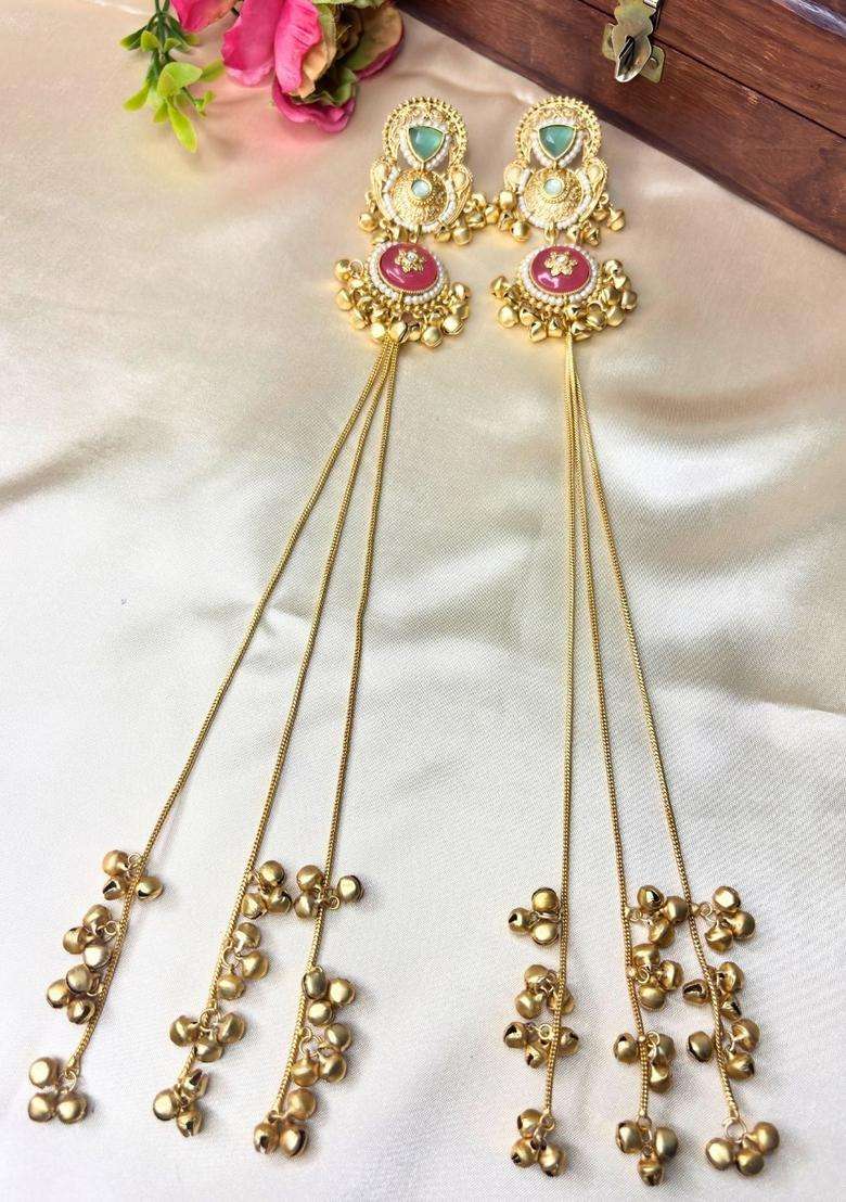 Premium Gold-Plated Peacock Shaped Kundan Stone Studded Kashmiri Ear Chain Drop Earrings for Women | Traditional Ethnic Jewellery for Wedding & Festive Wear | Gift for Her - Indya