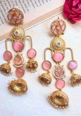 Gold-Plated Pink Kundan Studded Dome Shaped Jhumka Earrings for Women | Traditional Ethnic Jewellery for Wedding & Festive Wear | Gift for Her
