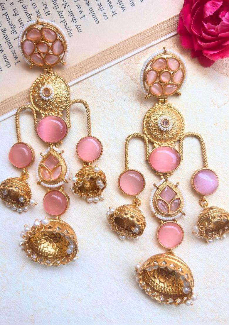 Gold-Plated Pink Kundan Studded Dome Shaped Jhumka Earrings for Women | Traditional Ethnic Jewellery for Wedding & Festive Wear | Gift for Her - Indya