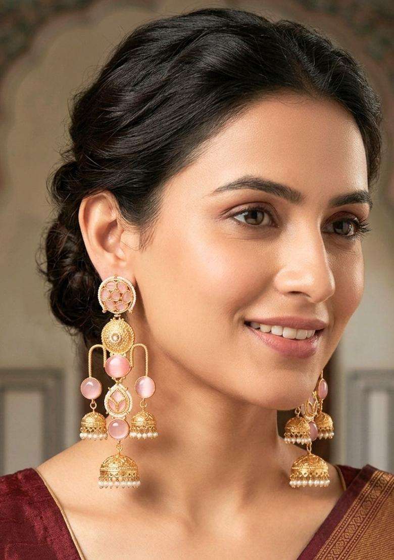 Gold-Plated Pink Kundan Studded Dome Shaped Jhumka Earrings for Women | Traditional Ethnic Jewellery for Wedding & Festive Wear | Gift for Her - Indya