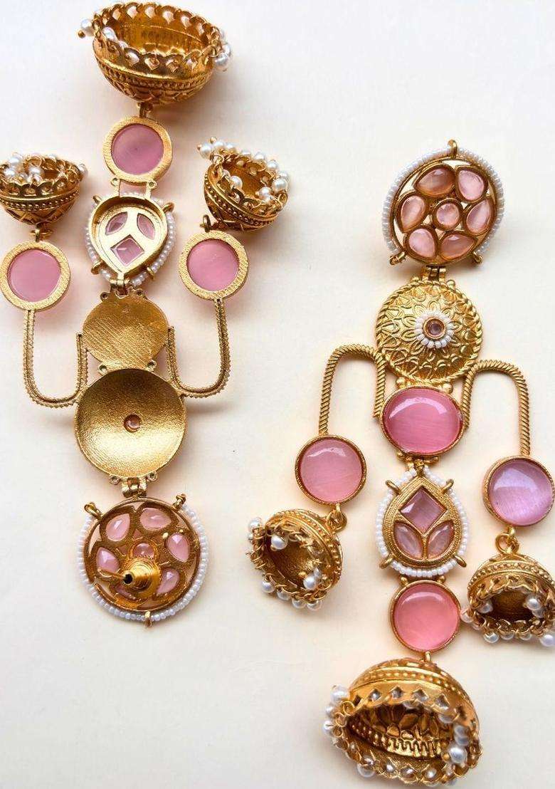 Gold-Plated Pink Kundan Studded Dome Shaped Jhumka Earrings for Women | Traditional Ethnic Jewellery for Wedding & Festive Wear | Gift for Her - Indya