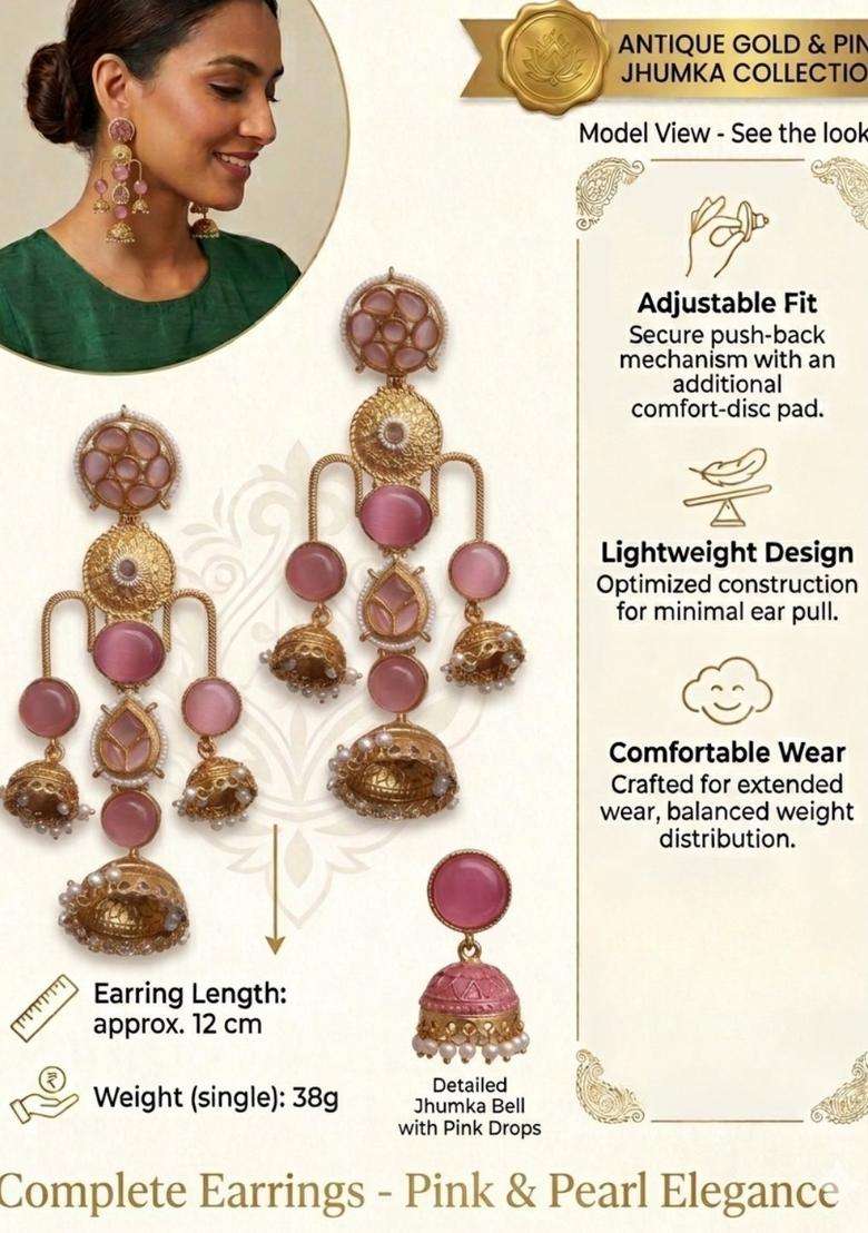 Gold-Plated Pink Kundan Studded Dome Shaped Jhumka Earrings for Women | Traditional Ethnic Jewellery for Wedding & Festive Wear | Gift for Her - Indya