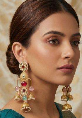 Gold-Plated Multicolor Kundan Studded Dome Shaped Jhumka Earrings for Women | Traditional Ethnic Jewellery for Wedding & Festive Wear | Gift for Her