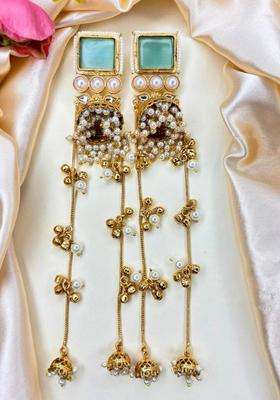 Gold-Plated Mint Kundan Stone Long Kashmiri Drop Earrings for Women | Traditional Ethnic Jewellery for Wedding & Festive Wear | Gift for Her