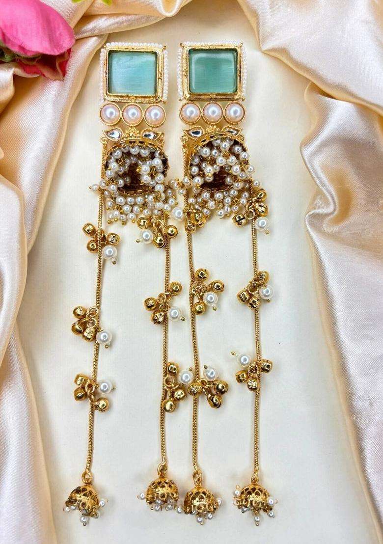 Gold-Plated Mint Kundan Stone Long Kashmiri Drop Earrings for Women | Traditional Ethnic Jewellery for Wedding & Festive Wear | Gift for Her - Indya