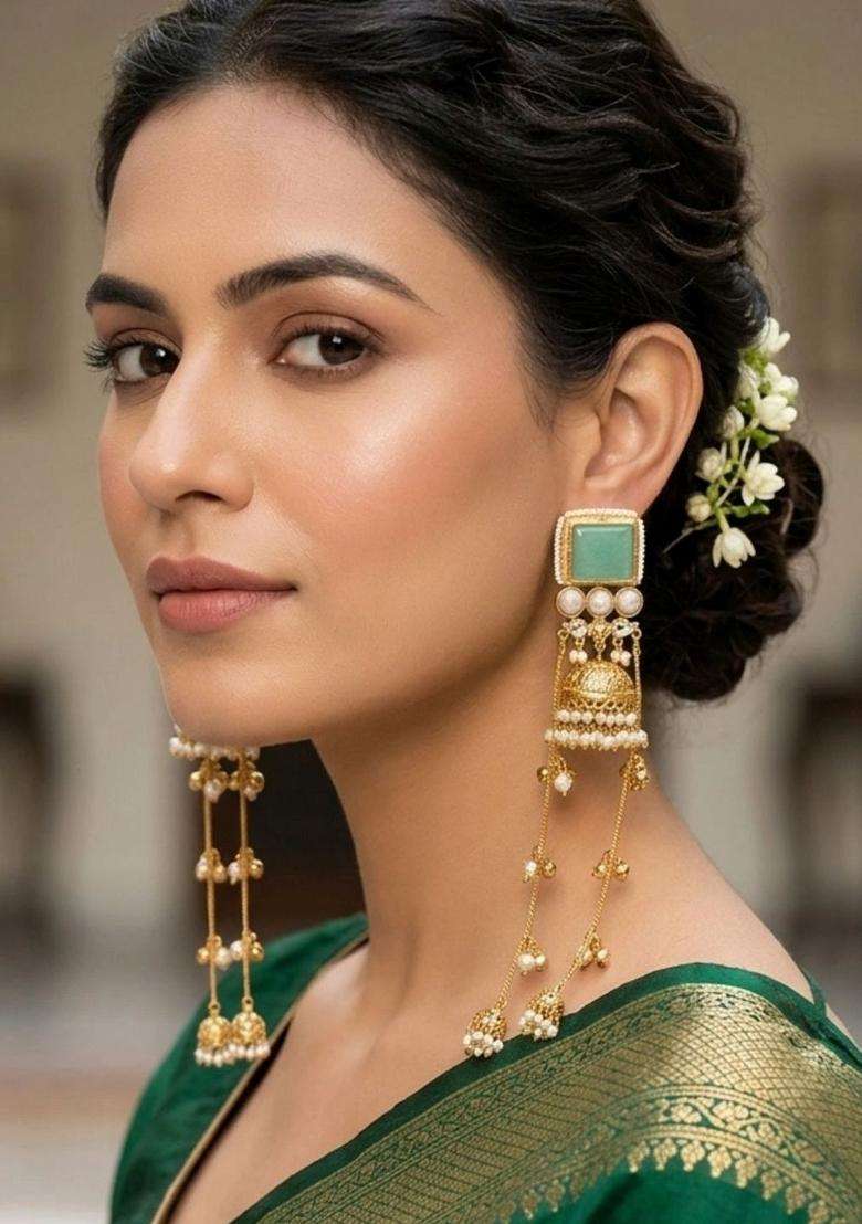Gold-Plated Mint Kundan Stone Long Kashmiri Drop Earrings for Women | Traditional Ethnic Jewellery for Wedding & Festive Wear | Gift for Her - Indya