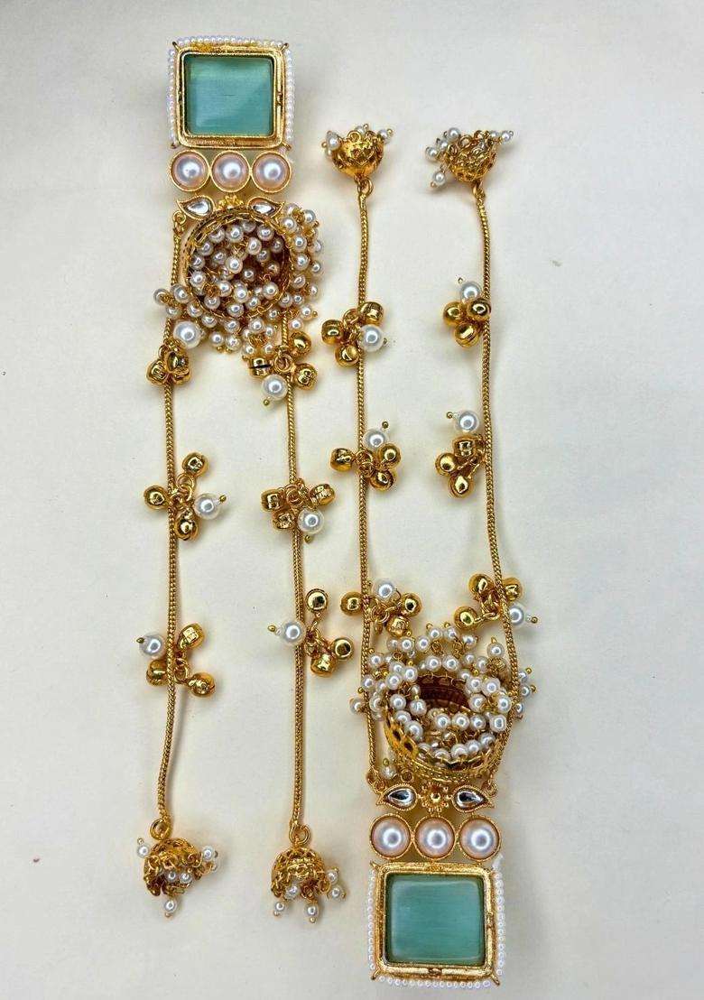 Gold-Plated Mint Kundan Stone Long Kashmiri Drop Earrings for Women | Traditional Ethnic Jewellery for Wedding & Festive Wear | Gift for Her - Indya
