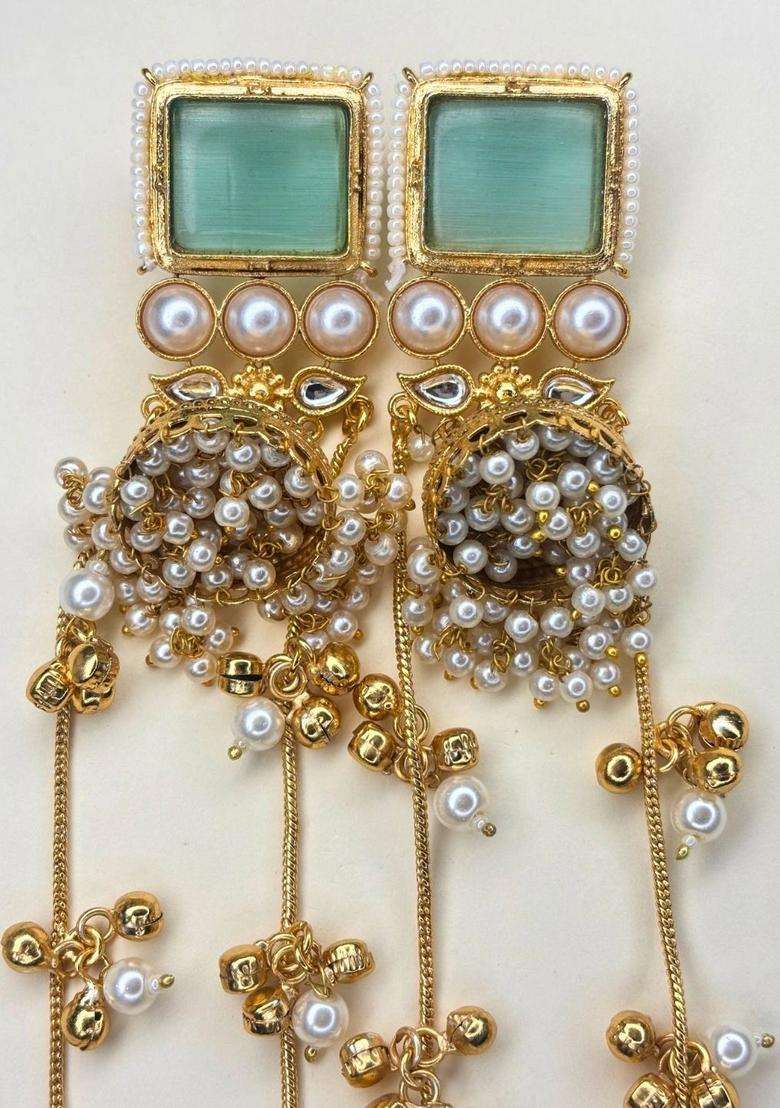 Gold-Plated Mint Kundan Stone Long Kashmiri Drop Earrings for Women | Traditional Ethnic Jewellery for Wedding & Festive Wear | Gift for Her - Indya