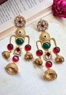 Gold-Plated Green & Red Stone Kundan Jhumka Earrings for Women | Traditional Ethnic Jewellery for Wedding & Festive Wear | Gift for Her