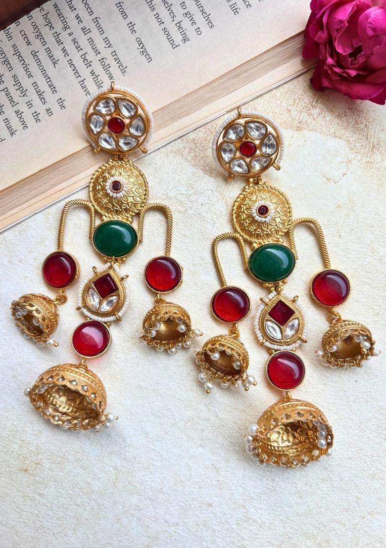 Gold-Plated Green & Red Stone Kundan Jhumka Earrings for Women | Traditional Ethnic Jewellery for Wedding & Festive Wear | Gift for Her - Indya