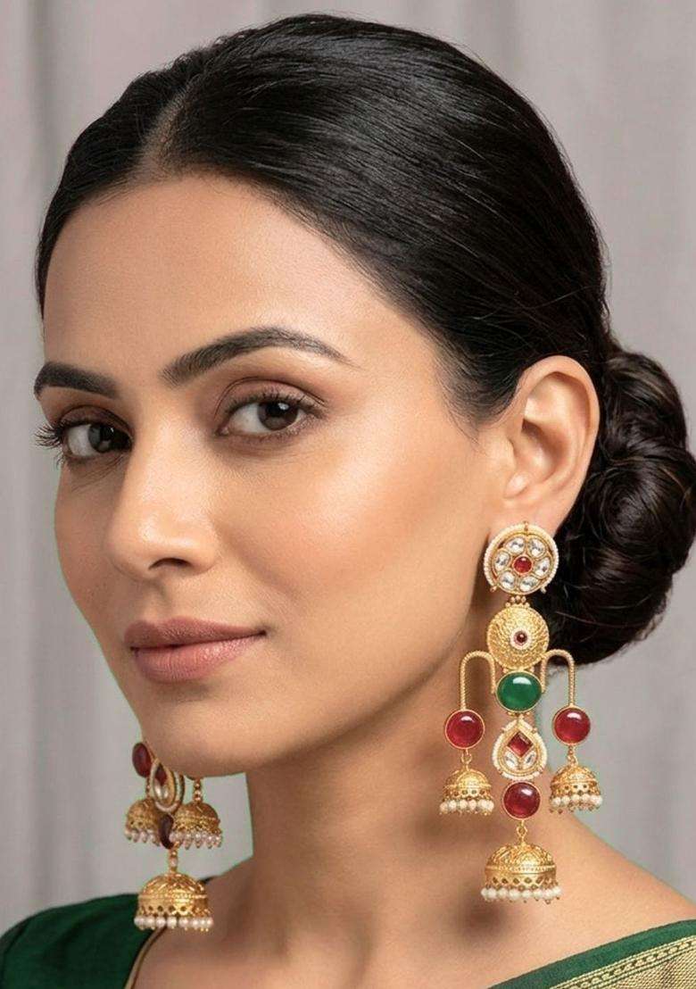 Gold-Plated Green & Red Stone Kundan Jhumka Earrings for Women | Traditional Ethnic Jewellery for Wedding & Festive Wear | Gift for Her - Indya