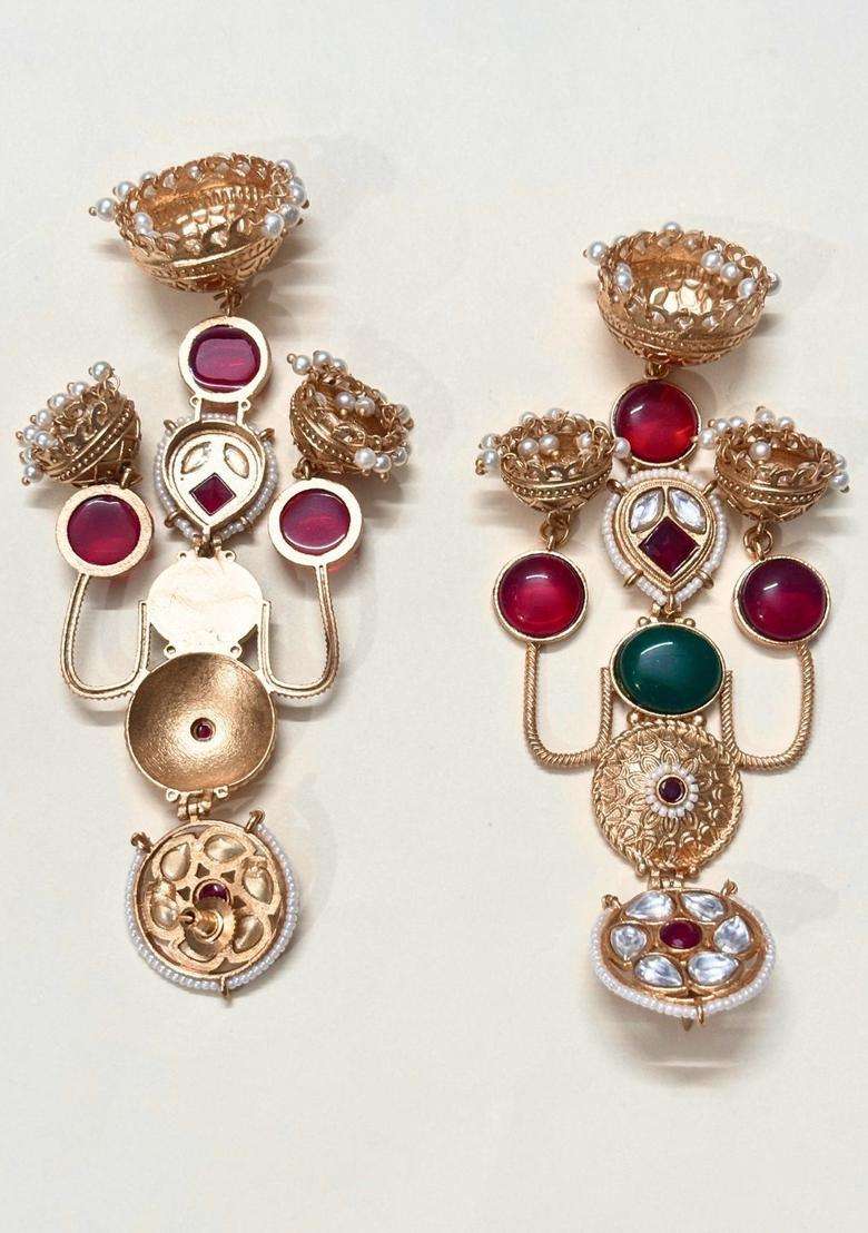 Gold-Plated Green & Red Stone Kundan Jhumka Earrings for Women | Traditional Ethnic Jewellery for Wedding & Festive Wear | Gift for Her - Indya