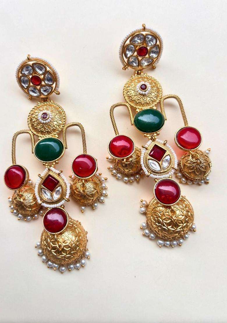 Gold-Plated Green & Red Stone Kundan Jhumka Earrings for Women | Traditional Ethnic Jewellery for Wedding & Festive Wear | Gift for Her - Indya