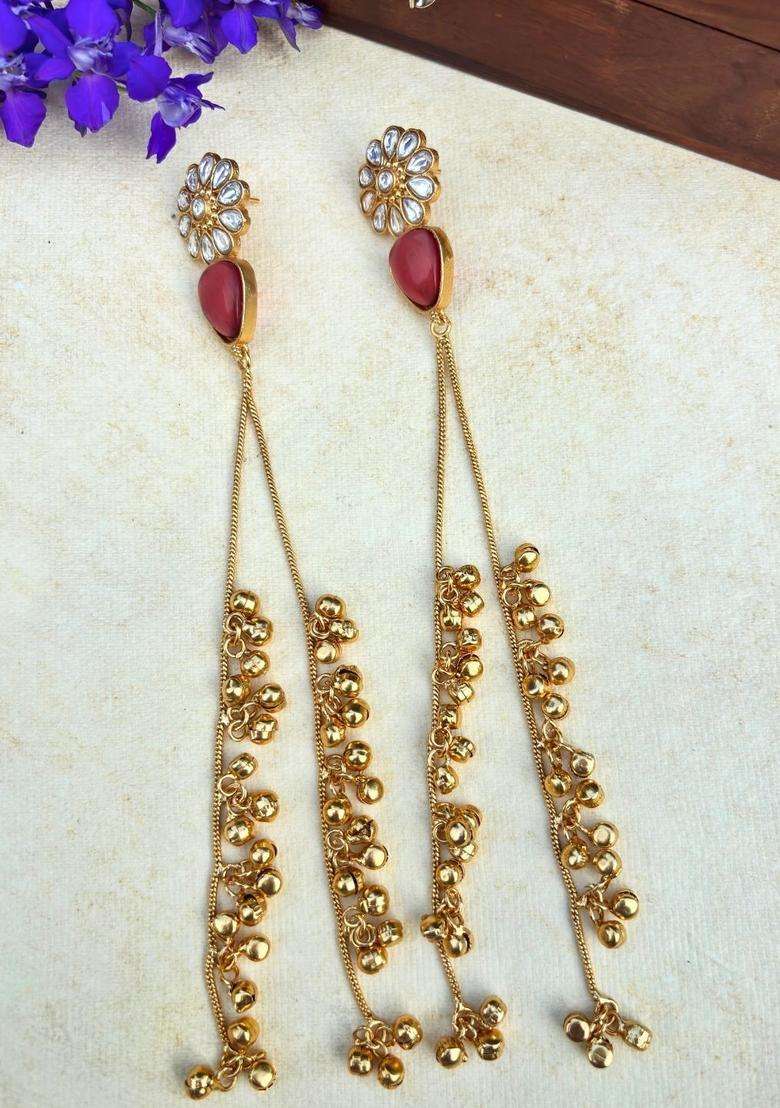Gold-Plated Kundan Studded Traditional Kashmiri Floral Drop Earrings for Women | Traditional Ethnic Jewellery for Wedding & Festive Wear | Gift for Her - Indya